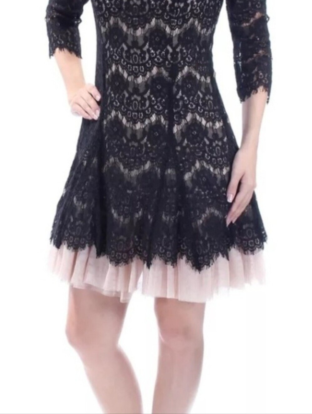Betsy & Adam Lace Tulle Mini Dress 12P Black Tan Cocktail A-line Party - Picture 10 of 11